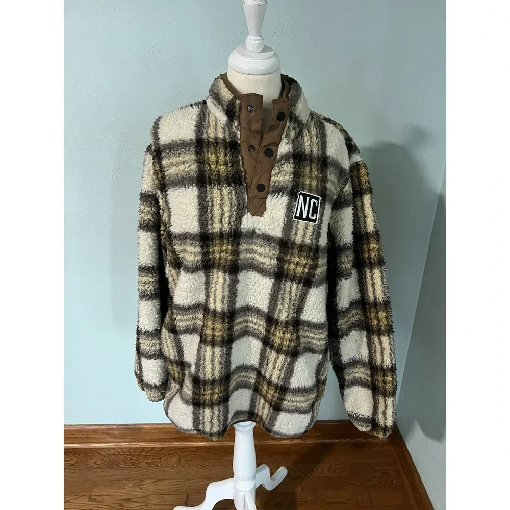 Home Free Plaid Sherpa Fleece Lined Pullover‎ Sweater Quarter Button Up NC Sz L